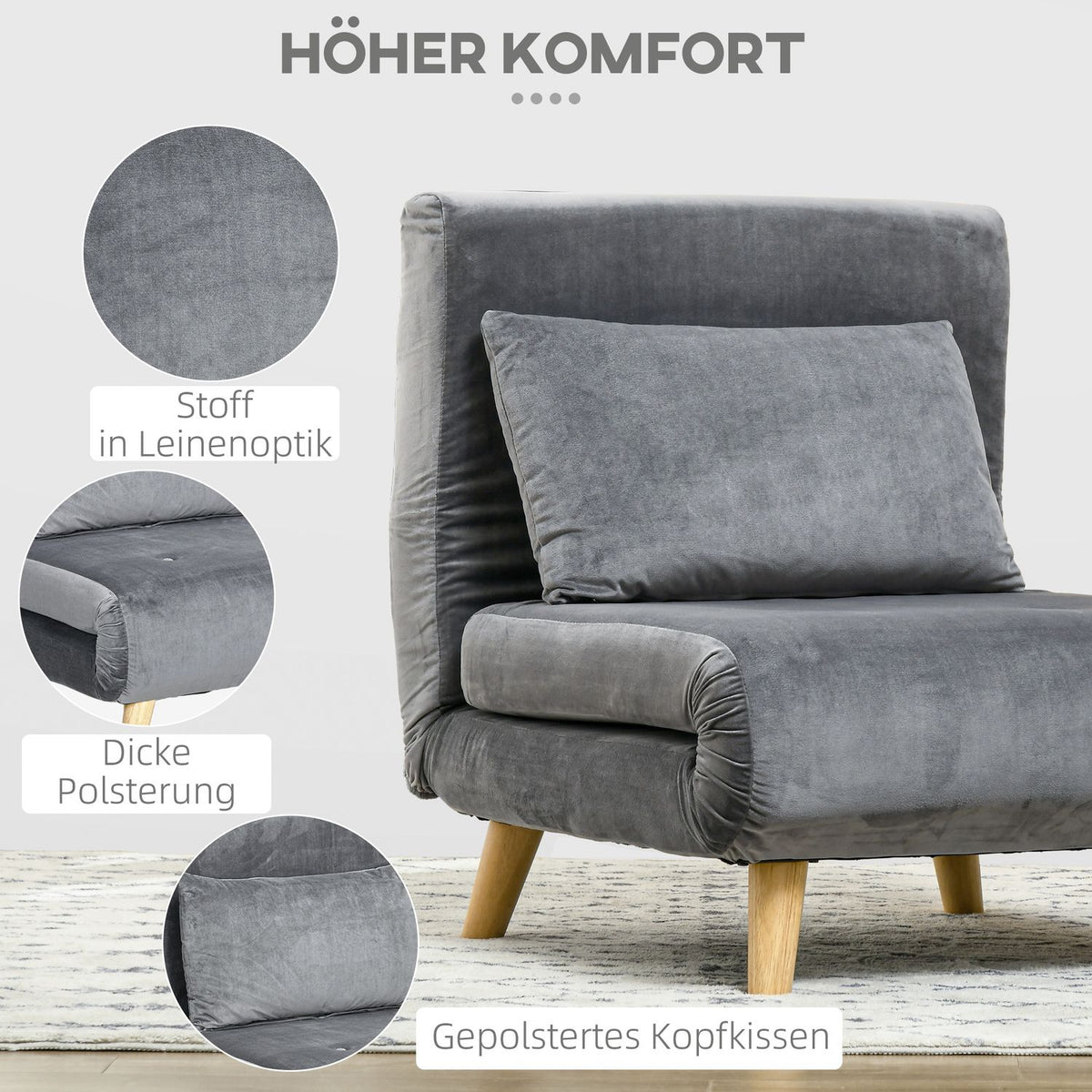 Sleeping chair folding chair with bed function & pillows, guest bed with adjustable backrest, velvet look, up to 125 kg, gray