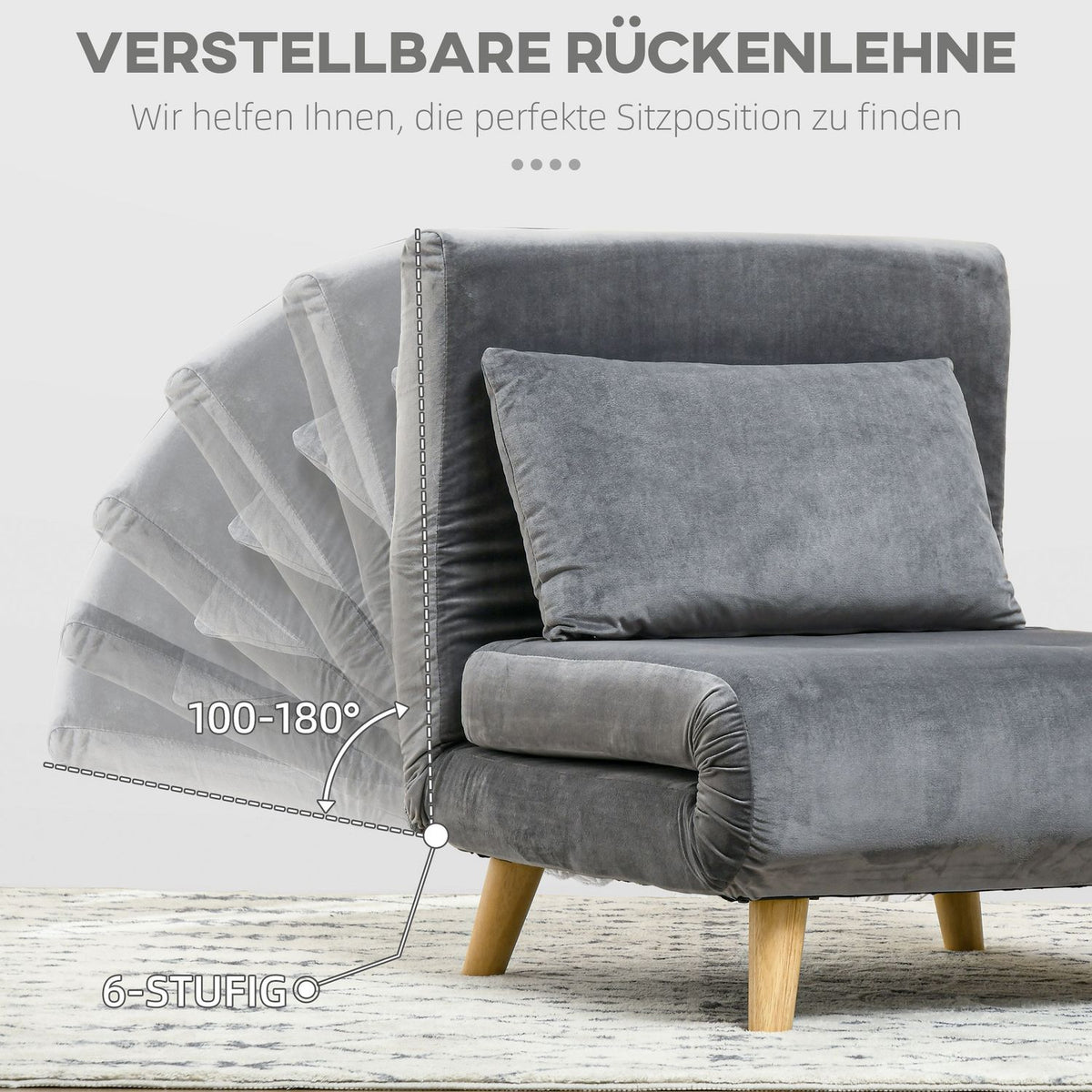 Sleeping chair folding chair with bed function & pillows, guest bed with adjustable backrest, velvet look, up to 125 kg, gray