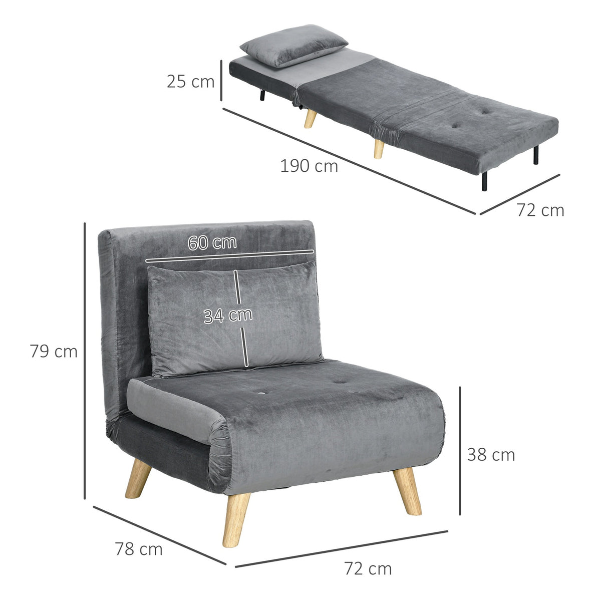 Sleeping chair folding chair with bed function & pillows, guest bed with adjustable backrest, velvet look, up to 125 kg, gray