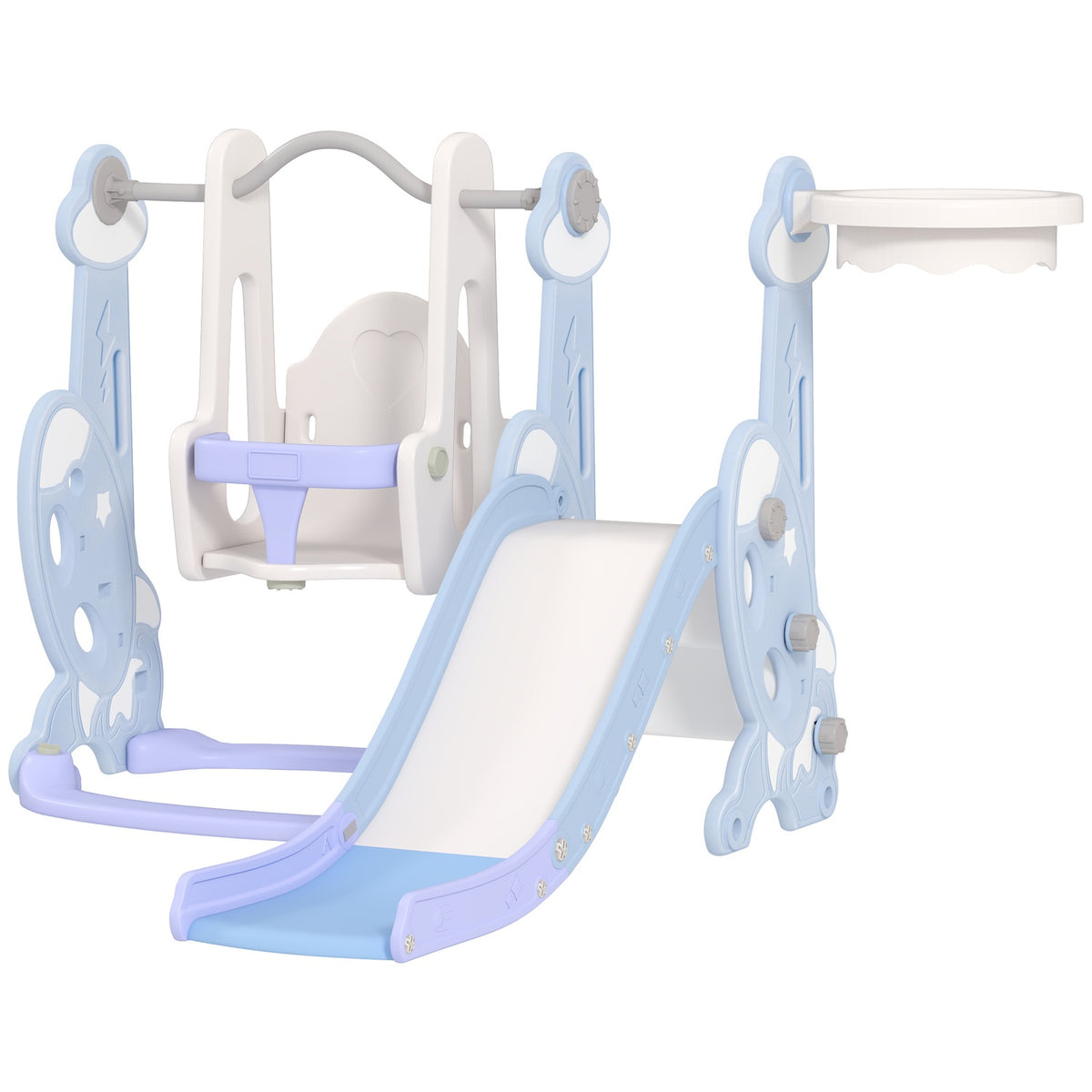 Slide 4-in-1 children's slide with swing, basketball hoop, climbing frame, toddler slide with rocket design children's playground for indoor and outdoor 1.5-4 years children light blue