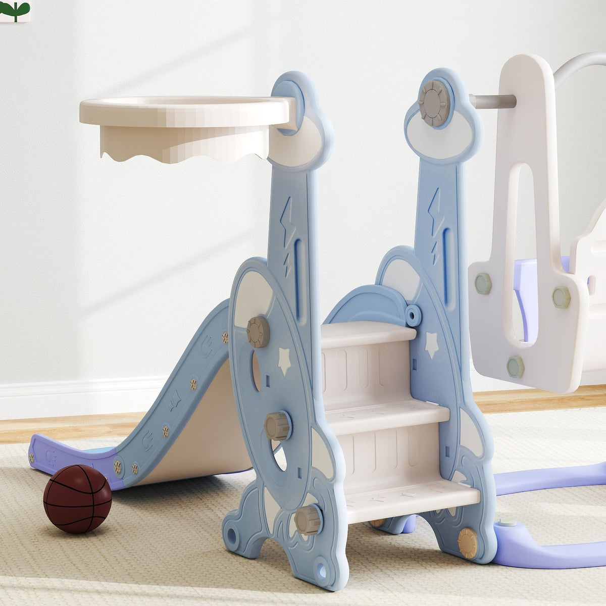 Slide 4-in-1 children's slide with swing, basketball hoop, climbing frame, toddler slide with rocket design children's playground for indoor and outdoor 1.5-4 years children light blue