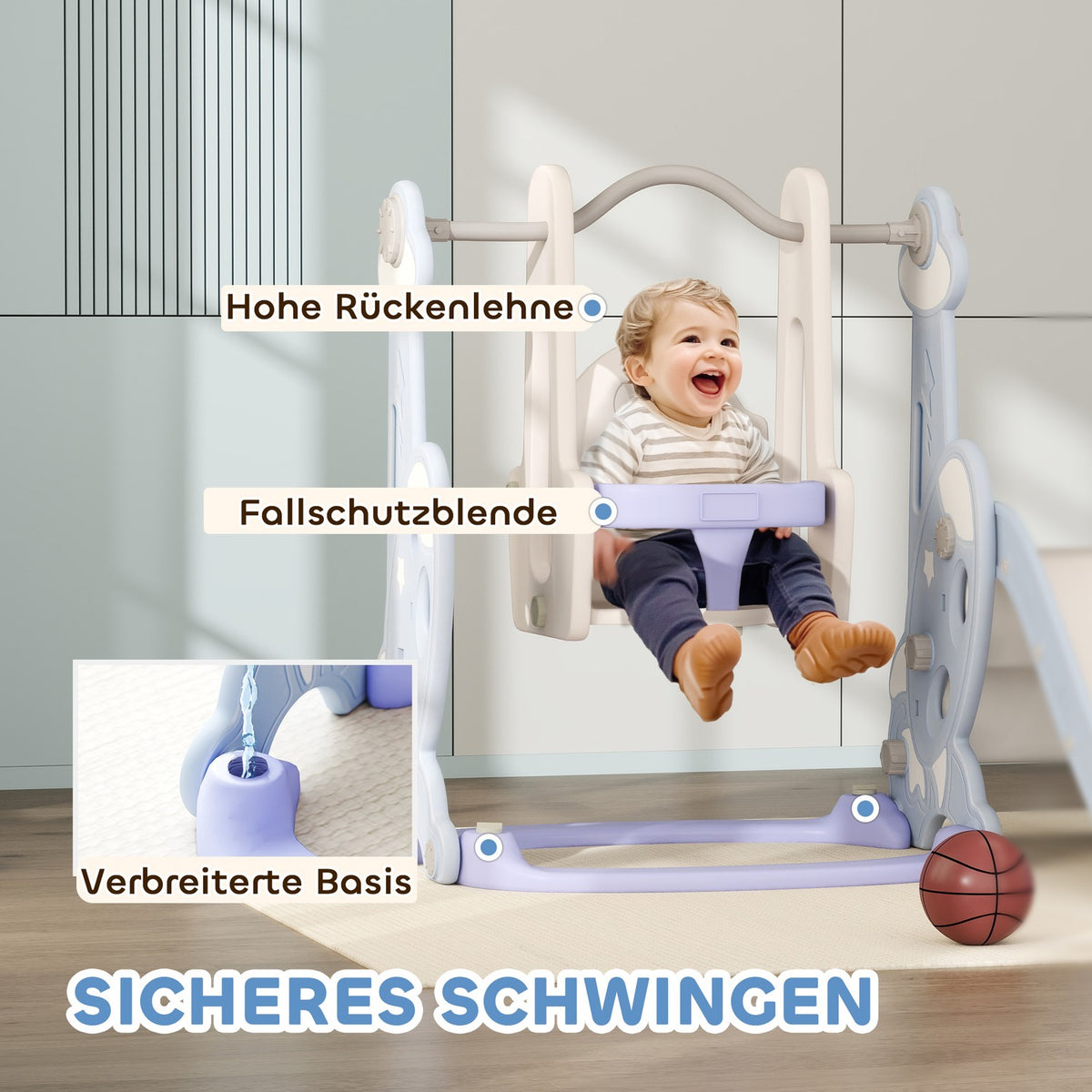 Slide 4-in-1 children's slide with swing, basketball hoop, climbing frame, toddler slide with rocket design children's playground for indoor and outdoor 1.5-4 years children light blue