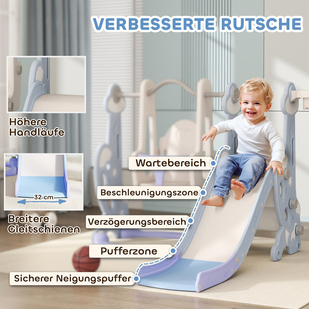 Slide 4-in-1 children's slide with swing, basketball hoop, climbing frame, toddler slide with rocket design children's playground for indoor and outdoor 1.5-4 years children light blue