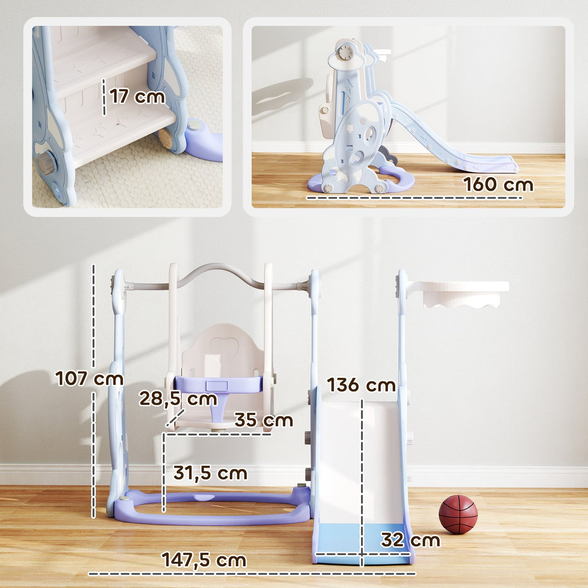 Slide 4-in-1 children's slide with swing, basketball hoop, climbing frame, toddler slide with rocket design children's playground for indoor and outdoor 1.5-4 years children light blue