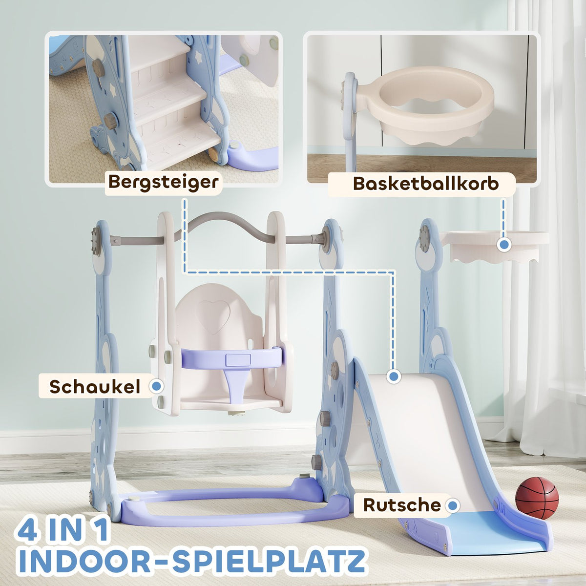 Slide 4-in-1 children's slide with swing, basketball hoop, climbing frame, toddler slide with rocket design children's playground for indoor and outdoor 1.5-4 years children light blue
