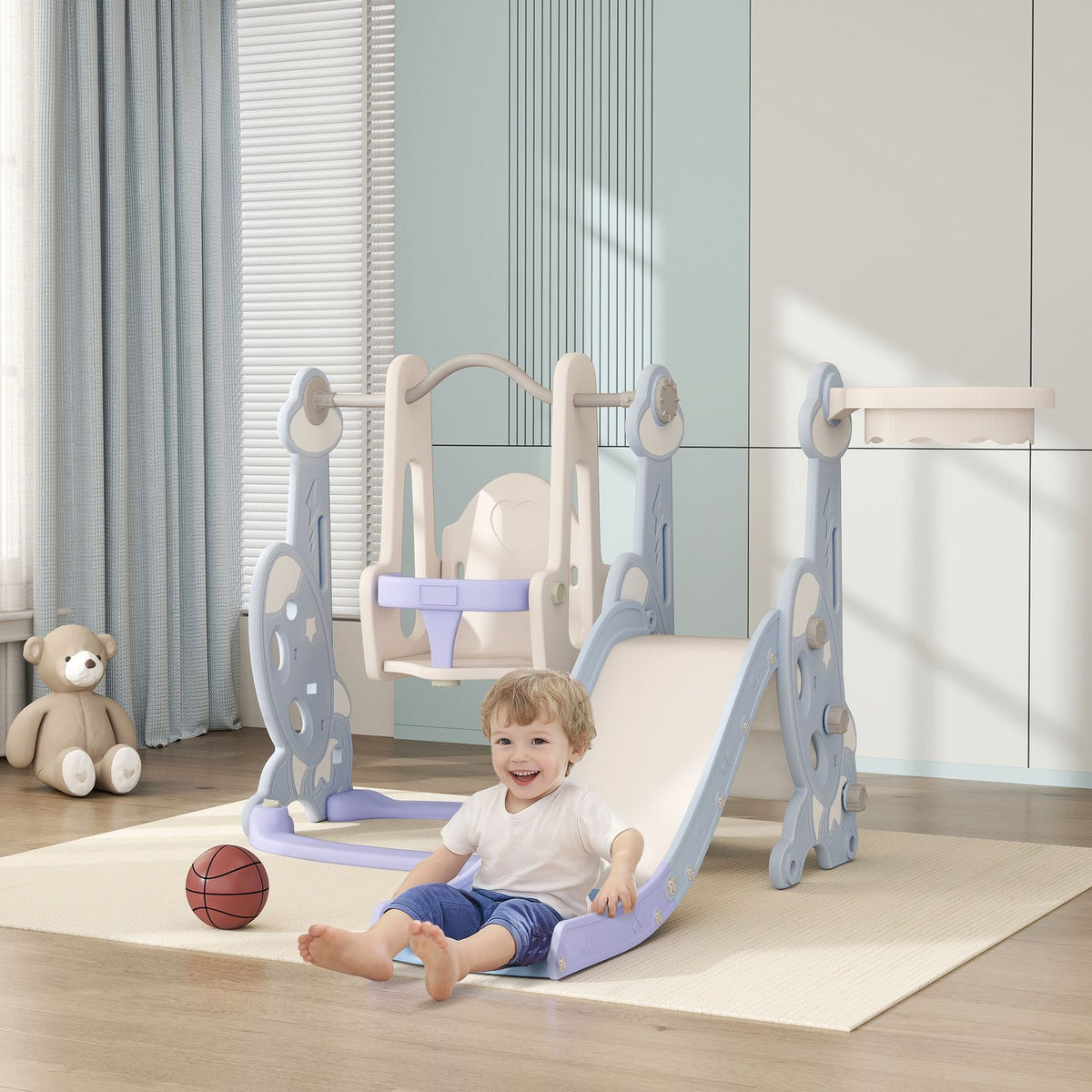 Slide 4-in-1 children's slide with swing, basketball hoop, climbing frame, toddler slide with rocket design children's playground for indoor and outdoor 1.5-4 years children light blue