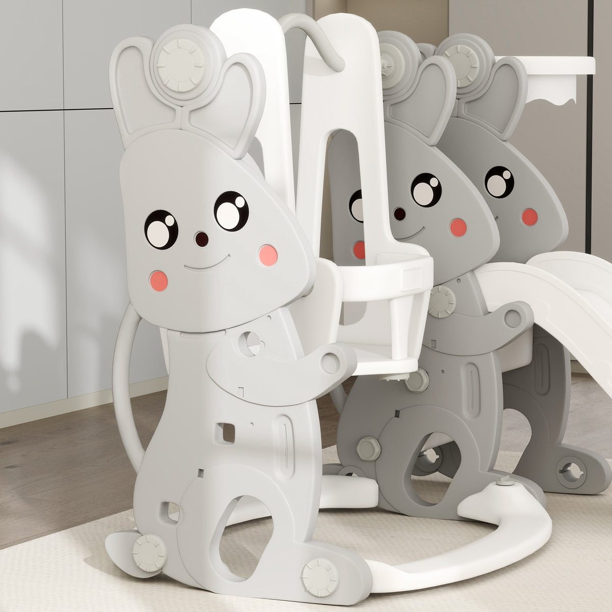 Slide 4-in-1 children's slide with swing, climbing frame, basketball hoop, children's playground with rabbit design, toddler slide for indoor and outdoor children aged 1.5-4 years. Gray