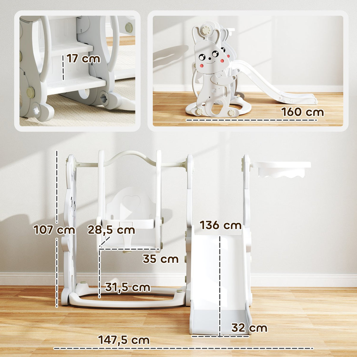 Slide 4-in-1 children's slide with swing, climbing frame, basketball hoop, children's playground with rabbit design, toddler slide for indoor and outdoor children aged 1.5-4 years. Gray