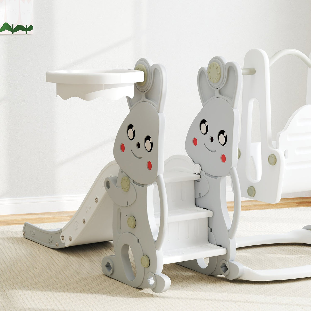 Slide 4-in-1 children's slide with swing, climbing frame, basketball hoop, children's playground with rabbit design, toddler slide for indoor and outdoor children aged 1.5-4 years. Gray
