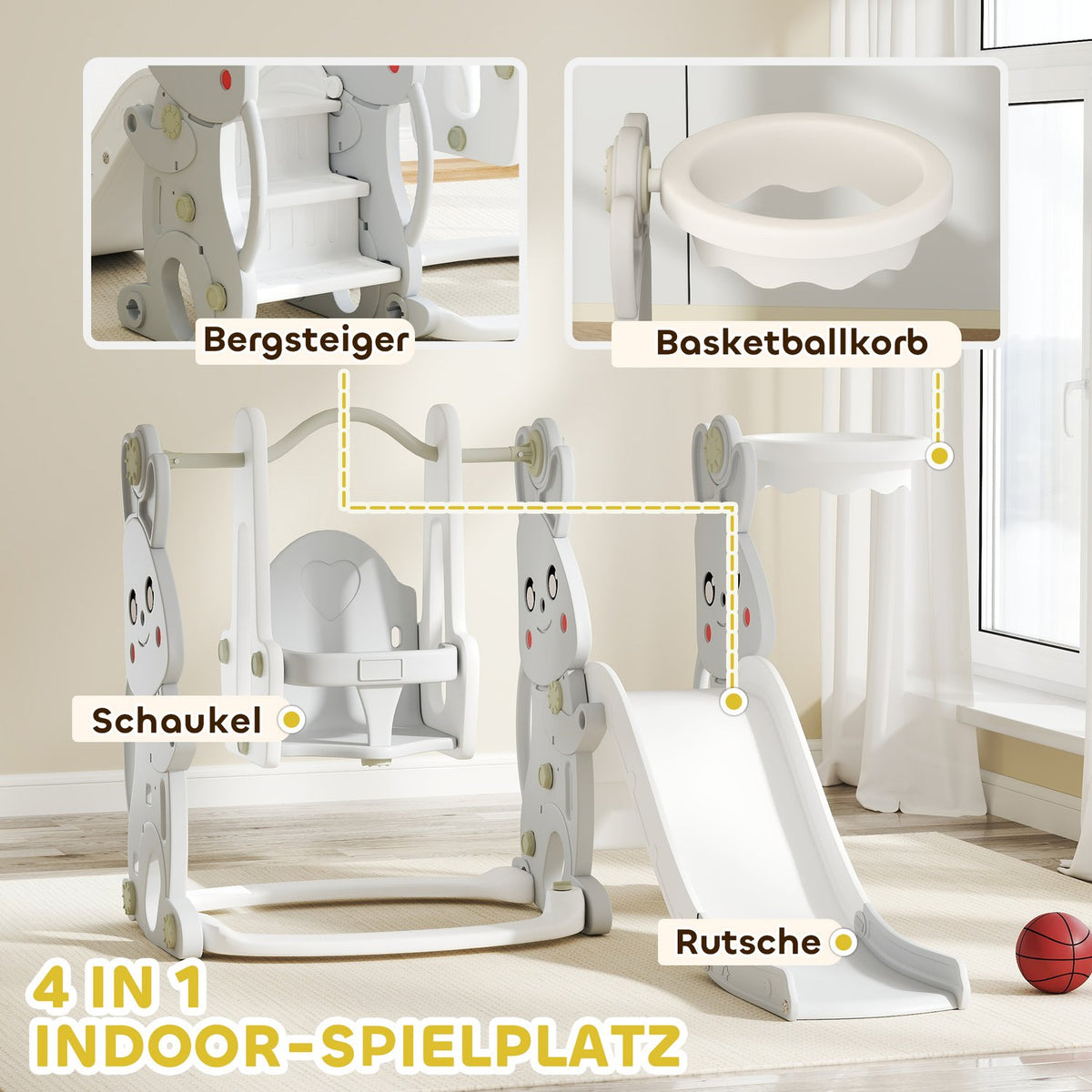 Slide 4-in-1 children's slide with swing, climbing frame, basketball hoop, children's playground with rabbit design, toddler slide for indoor and outdoor children aged 1.5-4 years. Gray