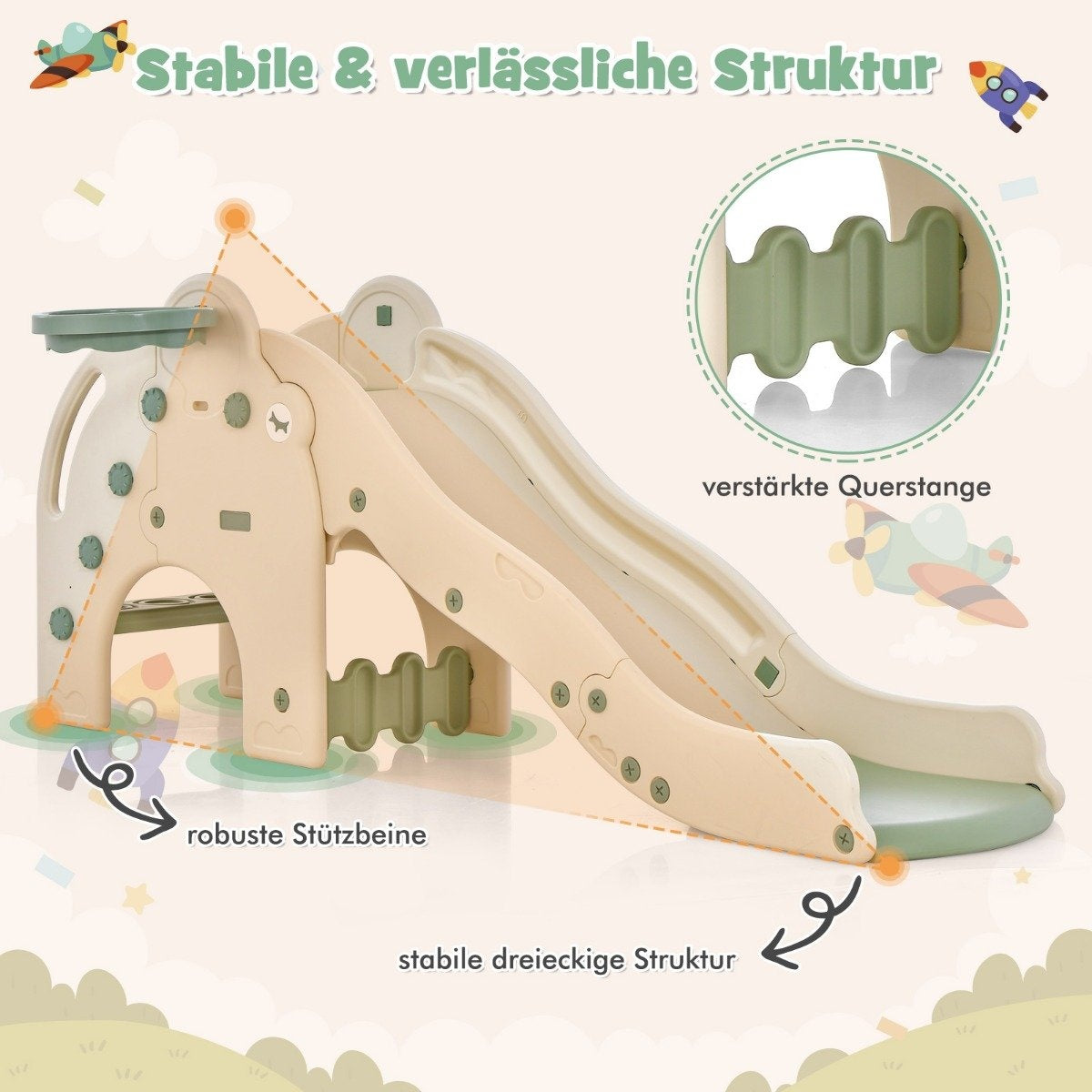 Slide Outdoor 4 in 1 Children's Slide & Tunnel & Basketball Hoop & Ladder 187.5 x 75 x 77.5 cm Green