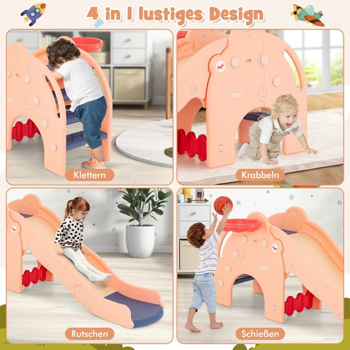 Slide Outdoor 4 in 1 Children's Slide & Tunnel & Basketball Hoop & Ladder 187.5 x 75 x 77.5 cm Pink