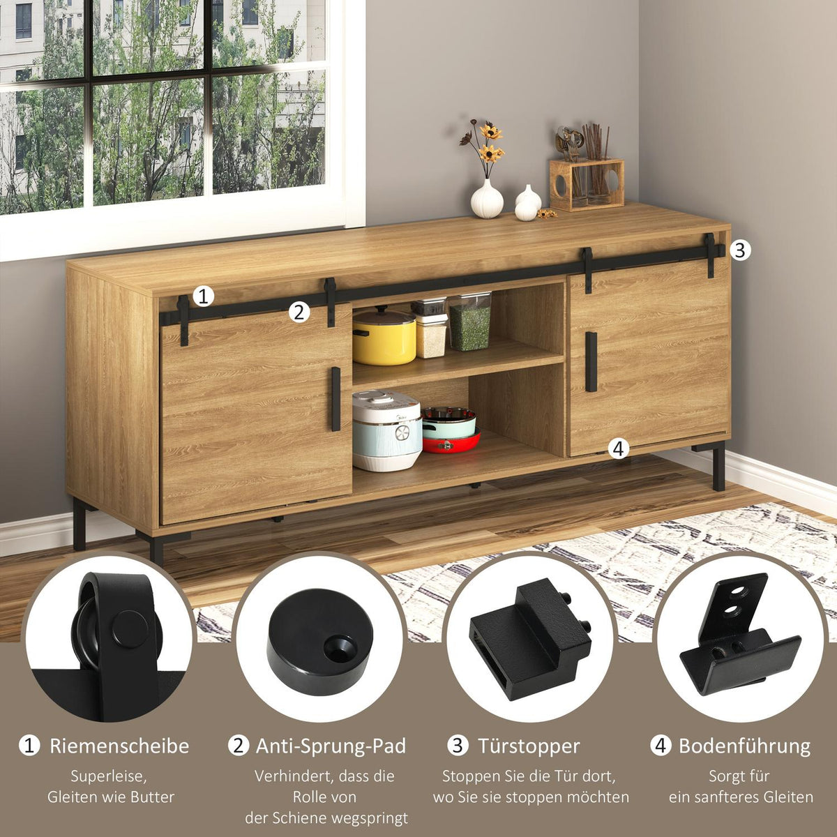 Sliding Door Fitting For Double Doors, Track With Accessories, Carbon Steel, Black, 200X0.6X18Cm