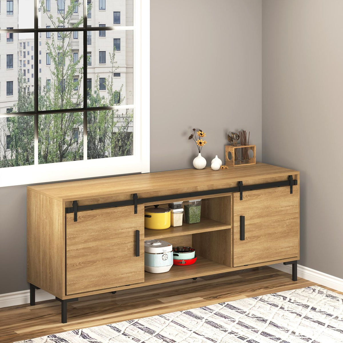 Sliding Door Fitting For Double Doors, Track With Accessories, Carbon Steel, Black, 200X0.6X18Cm