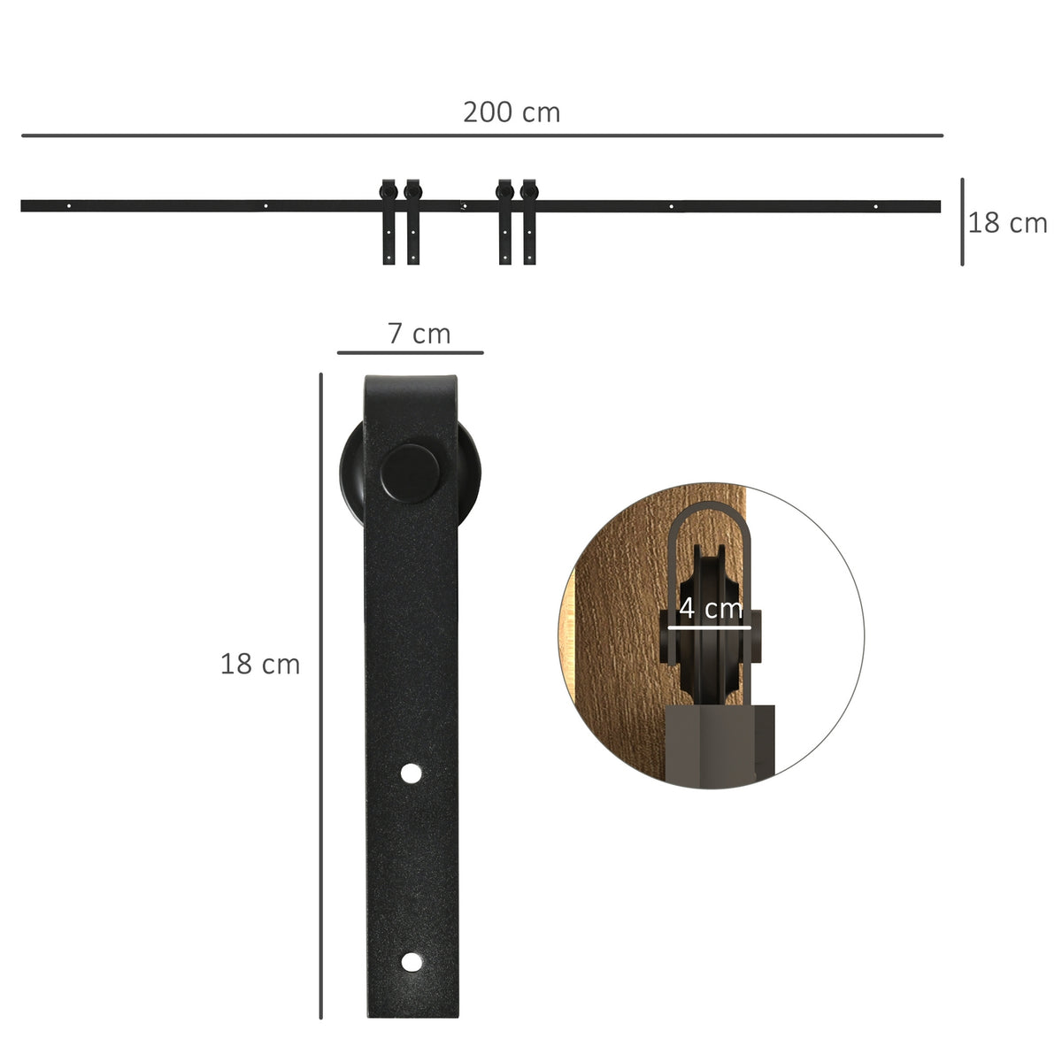 Sliding Door Fitting For Double Doors, Track With Accessories, Carbon Steel, Black, 200X0.6X18Cm