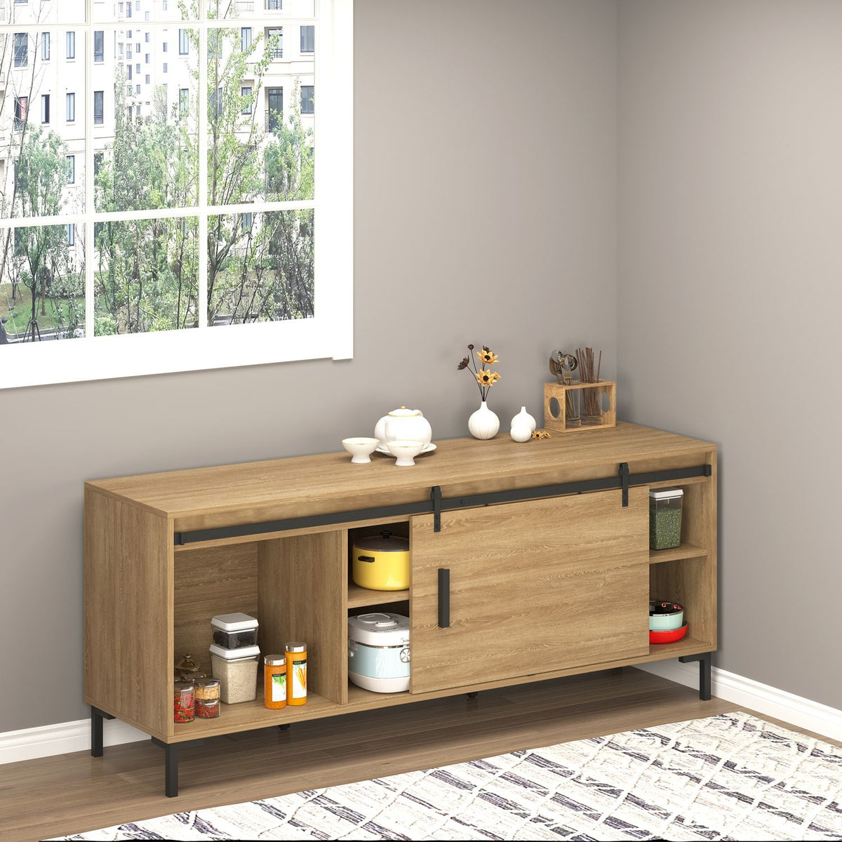 Sliding Door Fitting For Single Sliding Door, Running Track With Accessories, Carbon Steel, Black, 200X0.6X18Cm