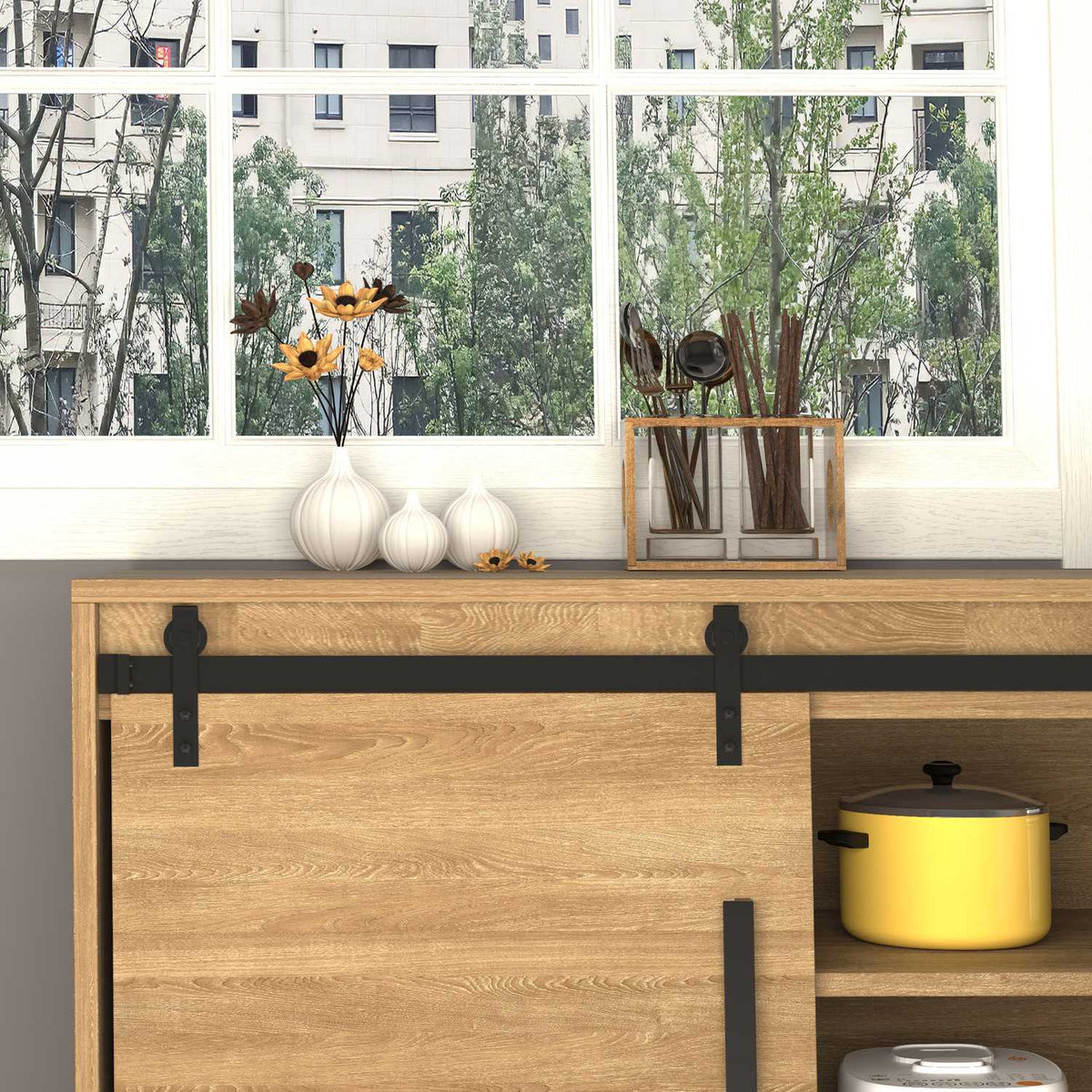 Sliding Door Fitting For Single Sliding Door, Running Track With Accessories, Carbon Steel, Black, 200X0.6X18Cm