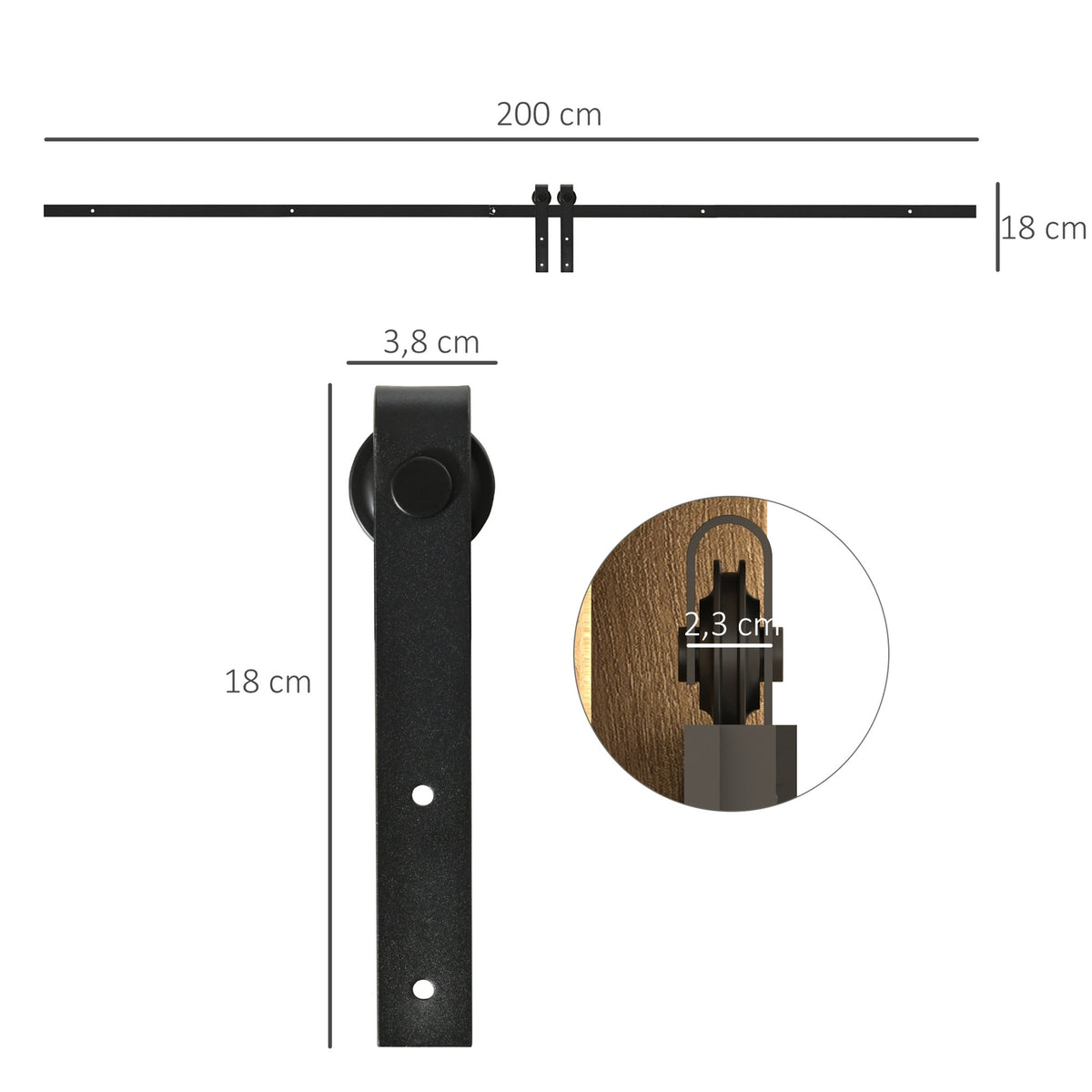 Sliding Door Fitting For Single Sliding Door, Running Track With Accessories, Carbon Steel, Black, 200X0.6X18Cm