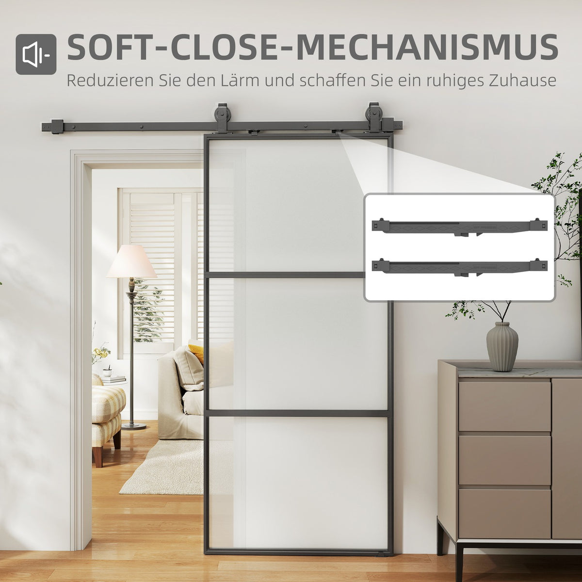Sliding Door Kit with Frosted Glass, Soft-Close, Black Steel
