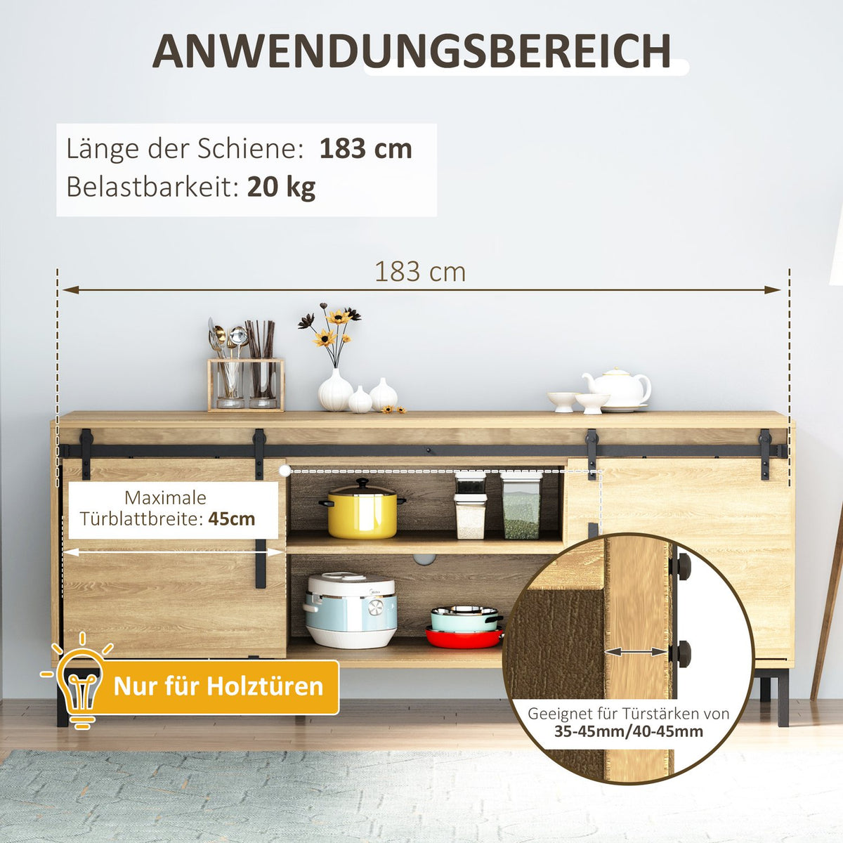 Sliding Door System For Double Wooden Doors, Running Track With Accessories, Carbon Steel, Black, 183X0.6X18Cm