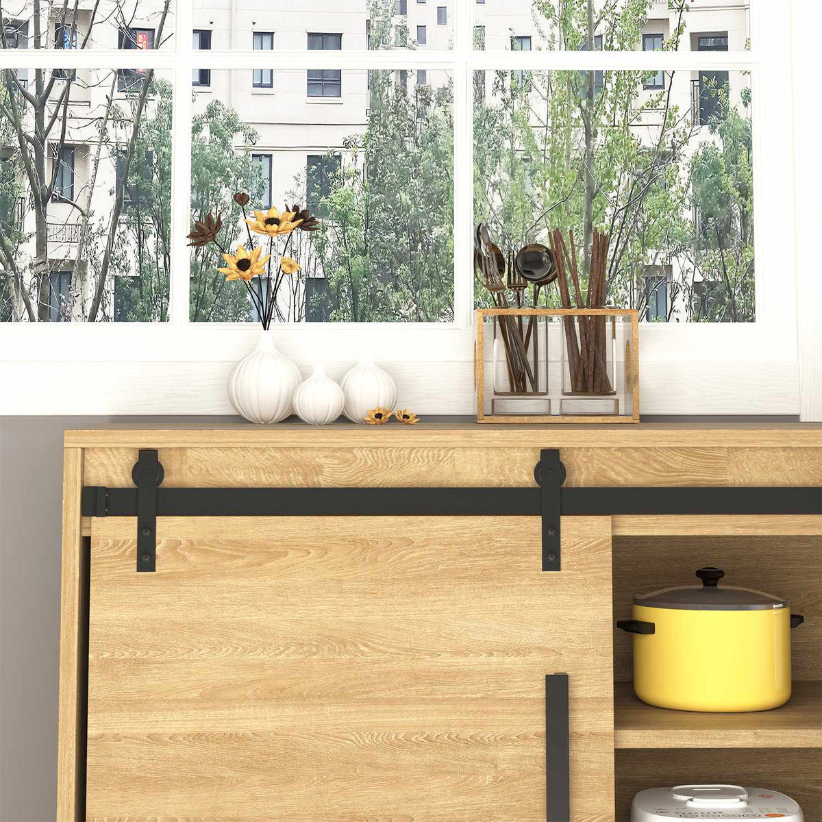 Sliding Door System For Double Wooden Doors, Running Track With Accessories, Carbon Steel, Black, 183X0.6X18Cm