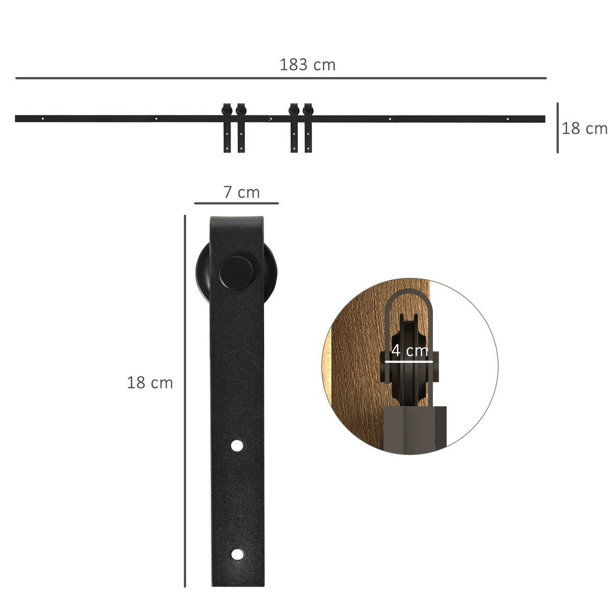 Sliding Door System For Double Wooden Doors, Running Track With Accessories, Carbon Steel, Black, 183X0.6X18Cm