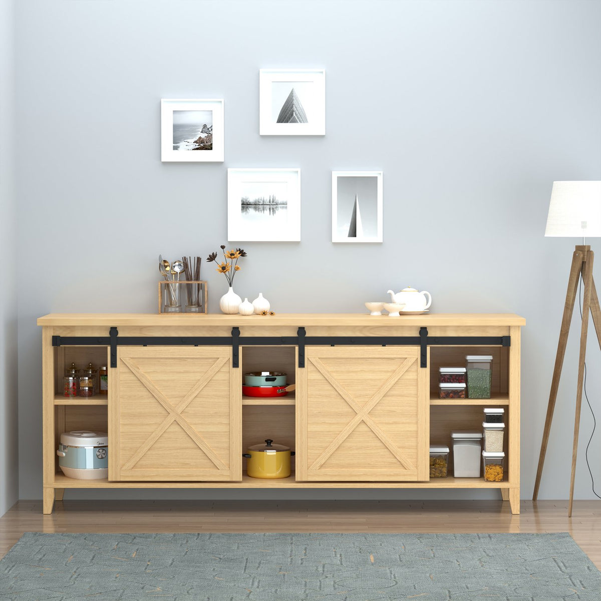 Sliding Door System For Double Wooden Doors, Running Track With Accessories, Carbon Steel, Black, 183X0.6X18Cm