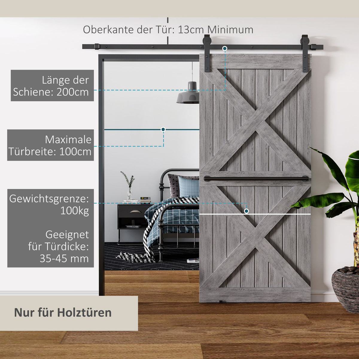 Sliding Door System Running Track Complete Set With Screws, Sliding Door Fittings Set, Carbon Steel, Black, 200X40X0.6Cm