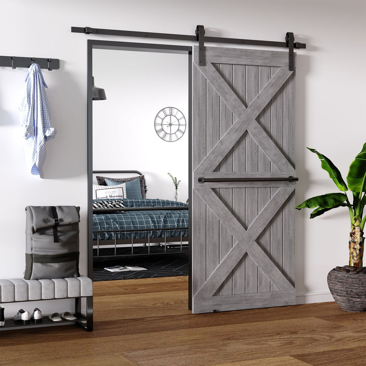 Sliding Door System Running Track Complete Set With Screws, Sliding Door Fittings Set, Carbon Steel, Black, 200X40X0.6Cm
