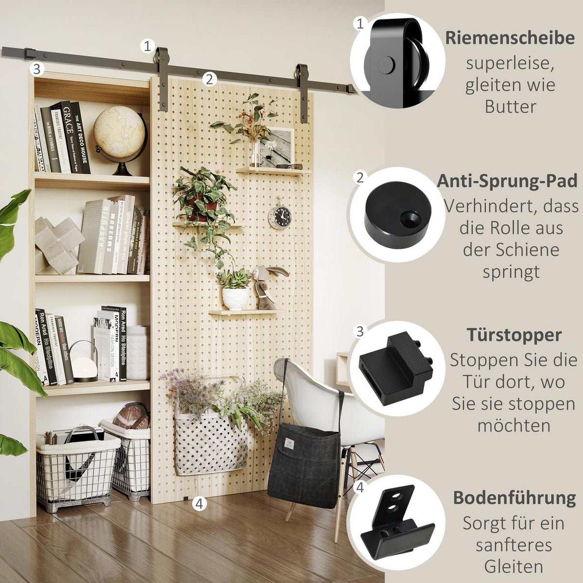 Sliding Door System Running Track Complete Set With Screws, Sliding Door Fittings Set, Carbon Steel, Black, 200X40X0.6Cm