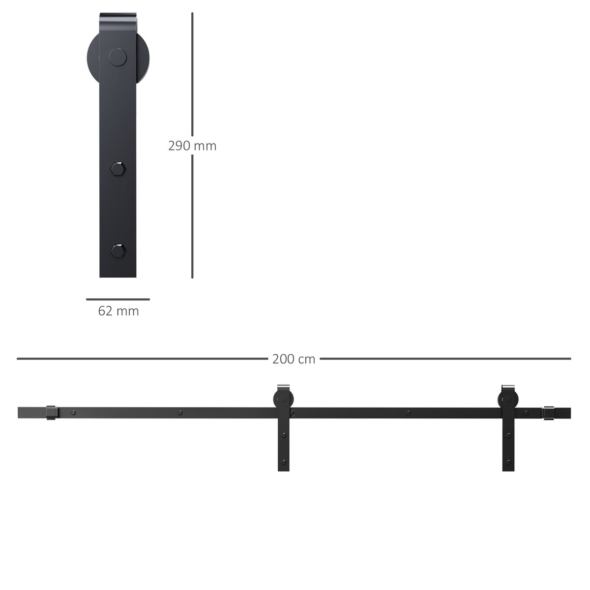 Sliding Door System Running Track Complete Set With Screws, Sliding Door Fittings Set, Carbon Steel, Black, 200X40X0.6Cm