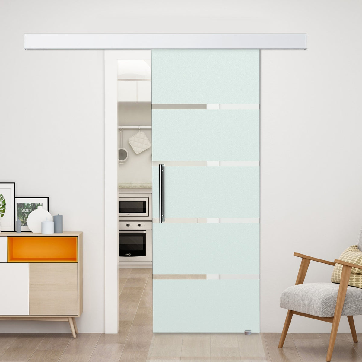 Sliding Glass Door With Handle Bar And Satin Stripes, 2050X775 Mm