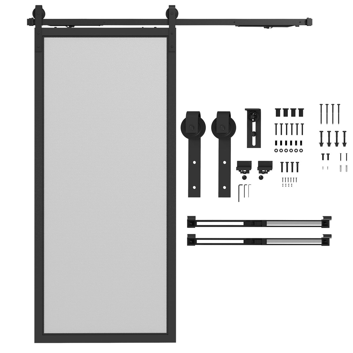 Sliding door fitting set, 183cm, with rails, rollers, anti-jump devices, door stop, floor guide, carbon steel, black