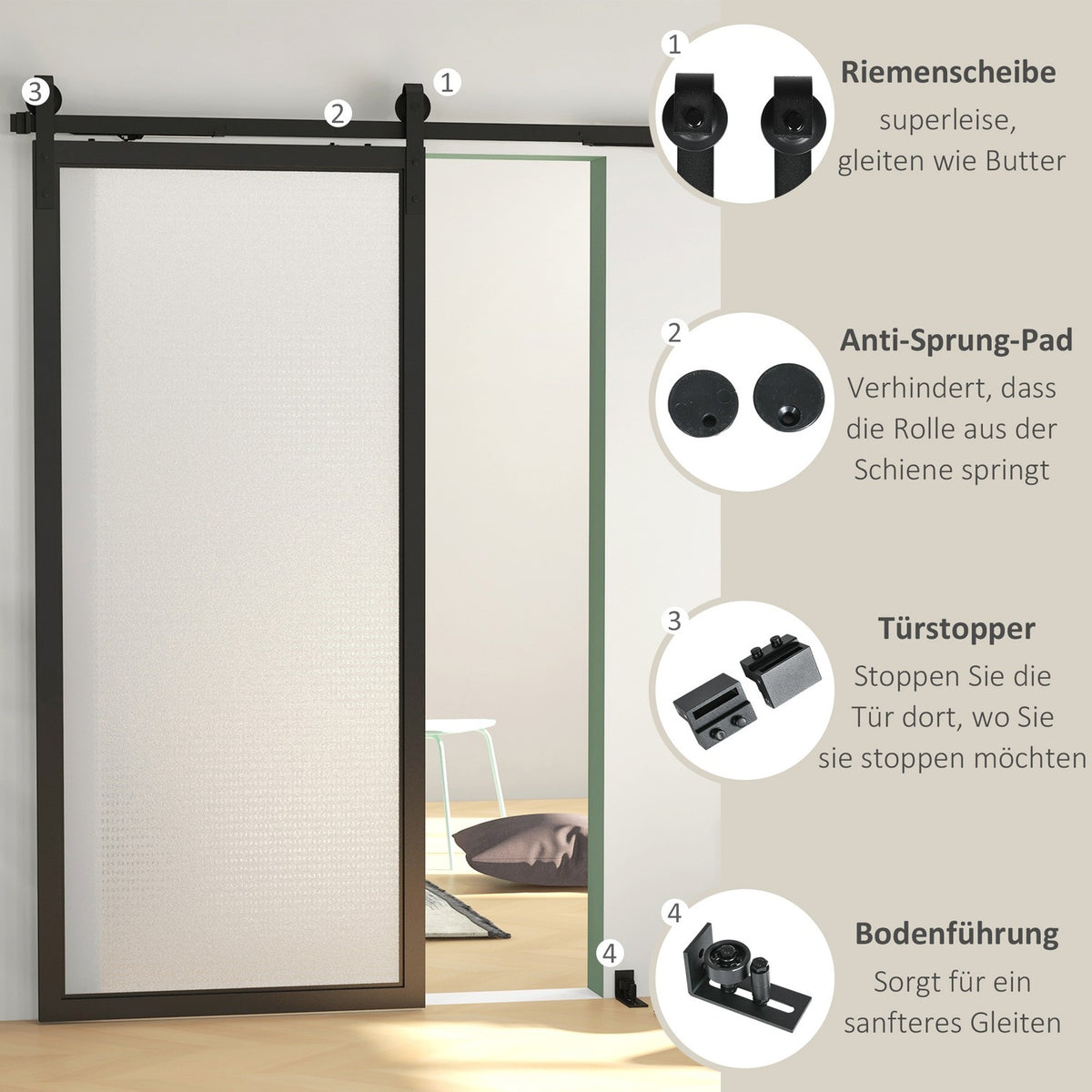 Sliding door fitting set, 183cm, with rails, rollers, anti-jump devices, door stop, floor guide, carbon steel, black