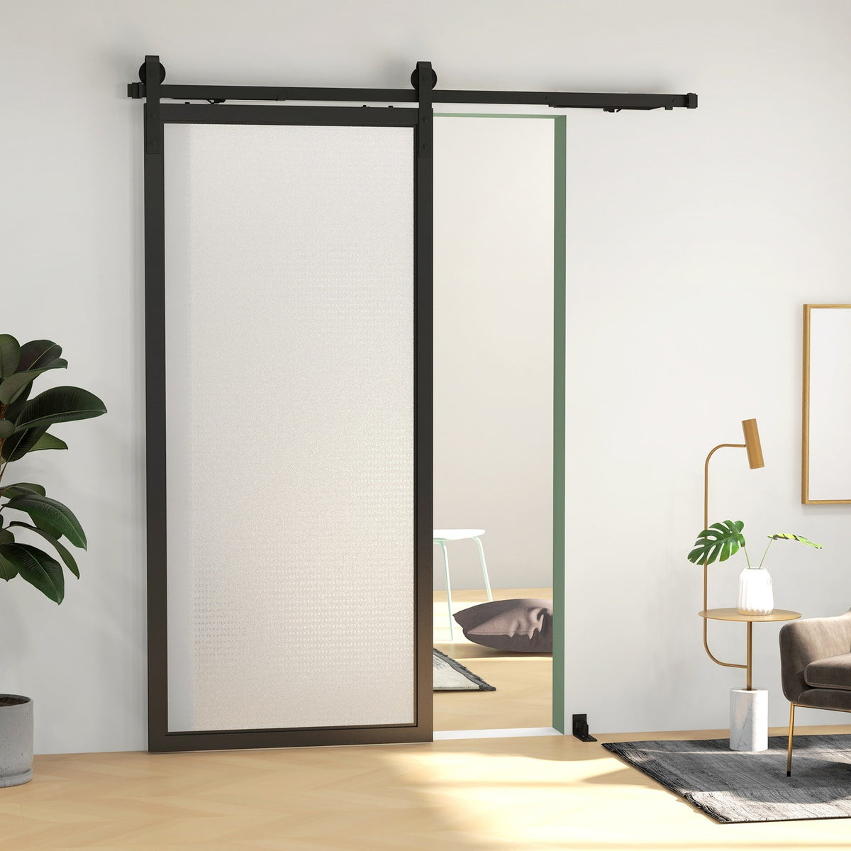 Sliding door fitting set, 183cm, with rails, rollers, anti-jump devices, door stop, floor guide, carbon steel, black