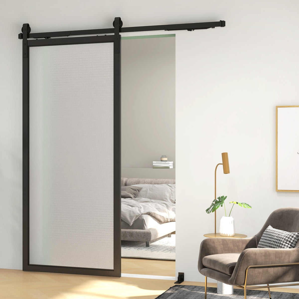Sliding door fitting set, 183cm, with rails, rollers, anti-jump devices, door stop, floor guide, carbon steel, black