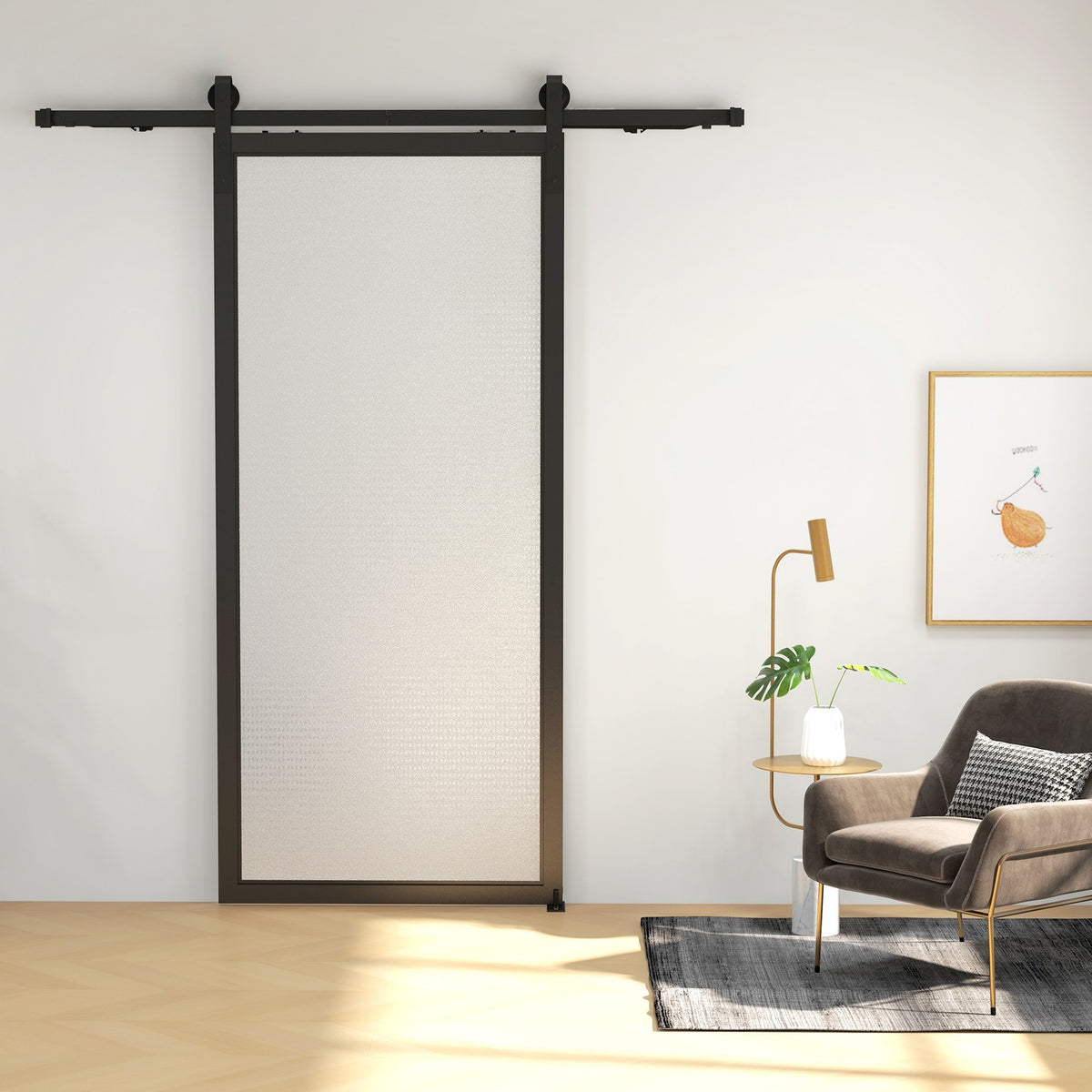 Sliding door fitting set, 183cm, with rails, rollers, anti-jump devices, door stop, floor guide, carbon steel, black