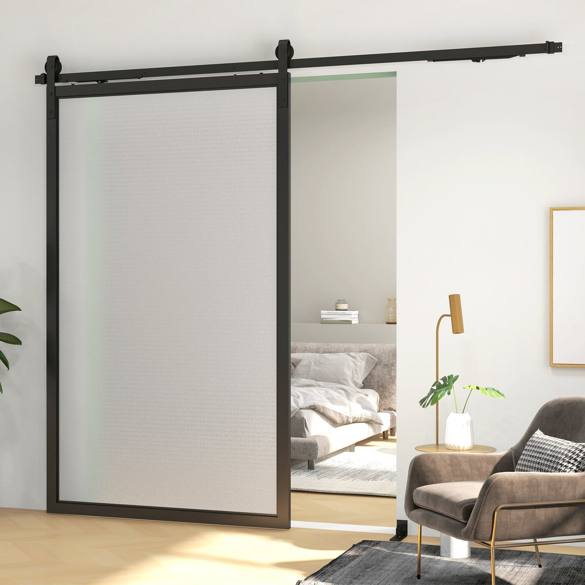 Sliding door fitting set, 244cm, with rails, rollers, anti-jump devices, door stop, floor guide, carbon steel, black