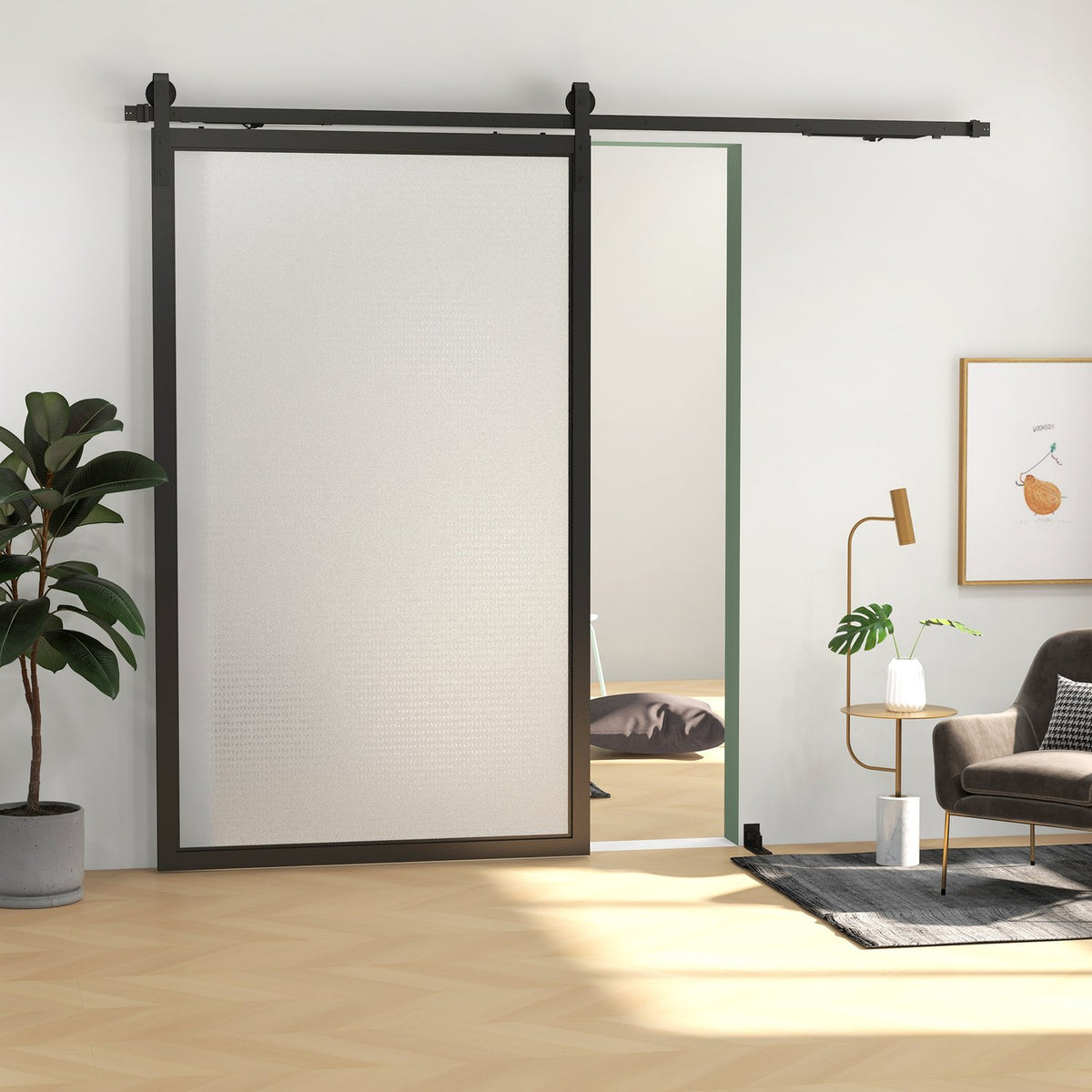 Sliding door fitting set, 244cm, with rails, rollers, anti-jump devices, door stop, floor guide, carbon steel, black