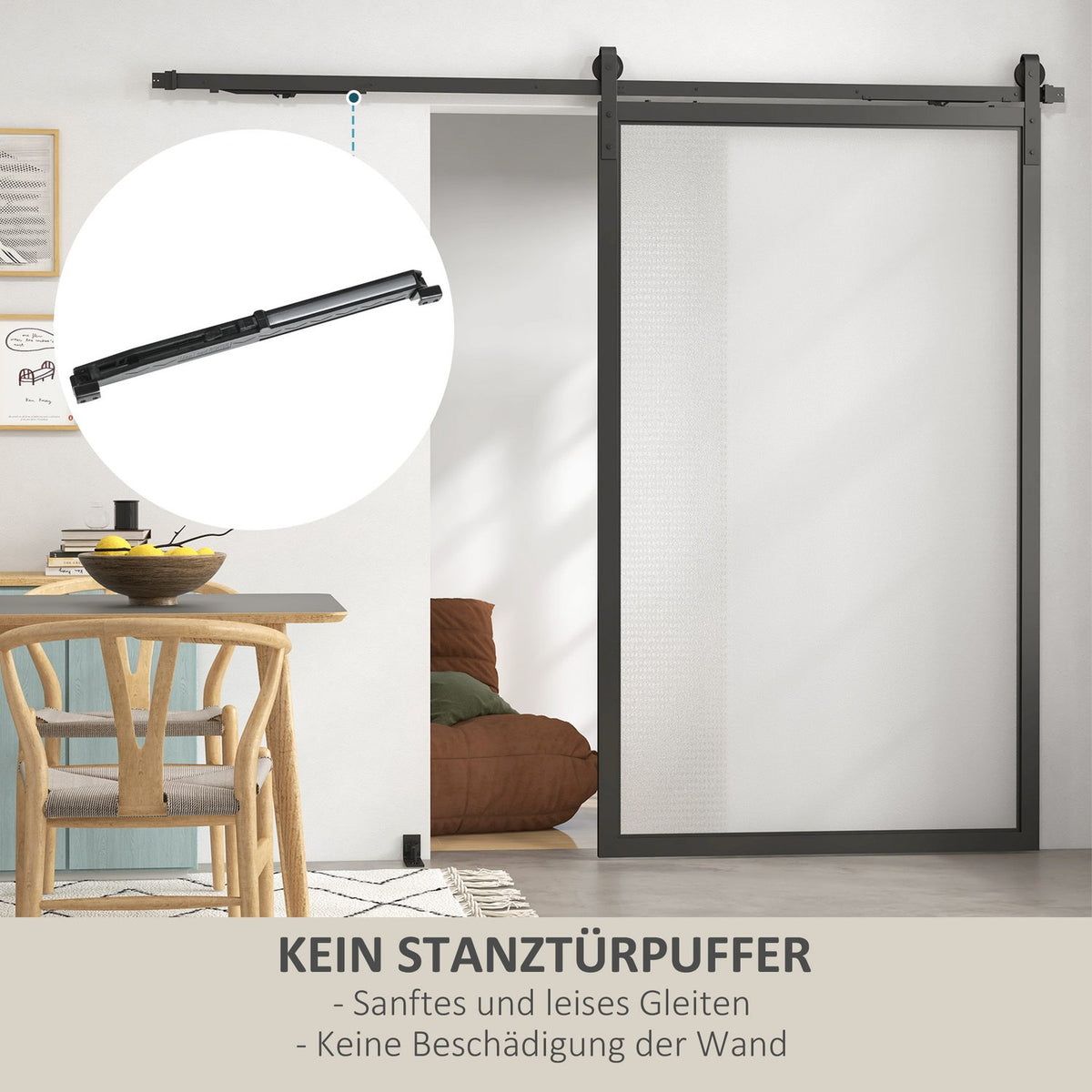 Sliding door fitting set, 244cm, with rails, rollers, anti-jump devices, door stop, floor guide, carbon steel, black
