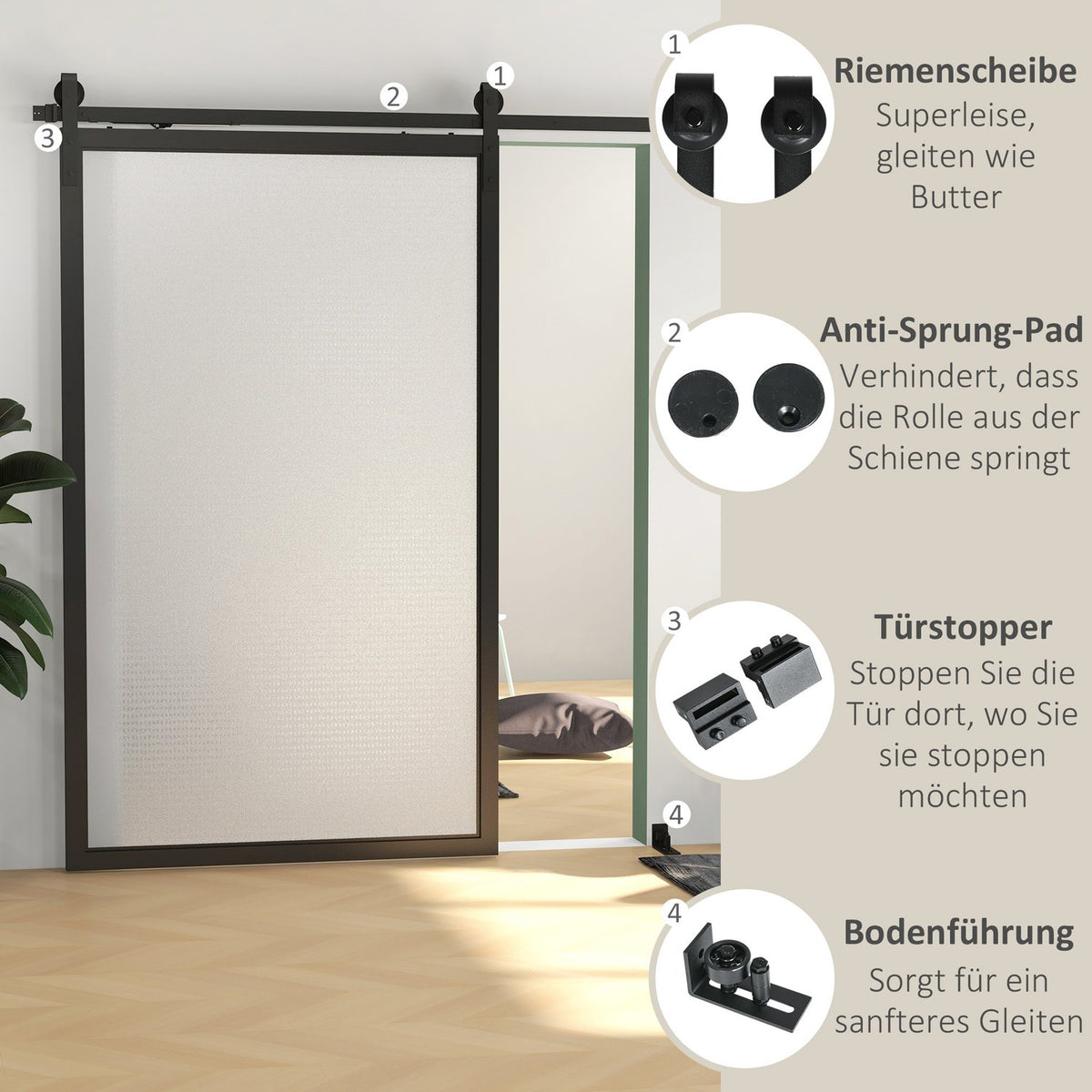 Sliding door fitting set, 244cm, with rails, rollers, anti-jump devices, door stop, floor guide, carbon steel, black