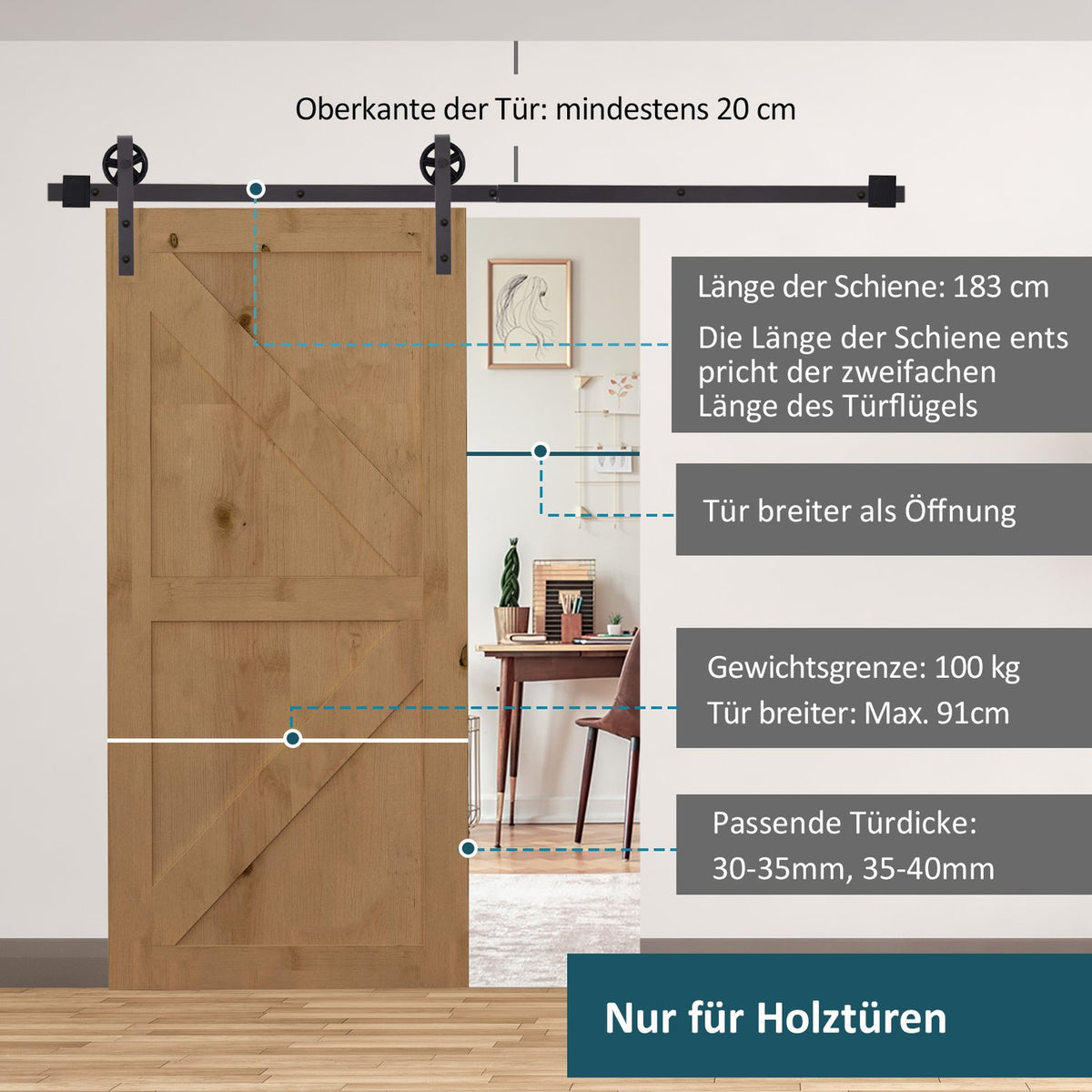 Sliding door fittings set 183 cm complete set with rails, rollers, rail stopper, base block, set of door screws, sliding door system made of carbon steel dark brown