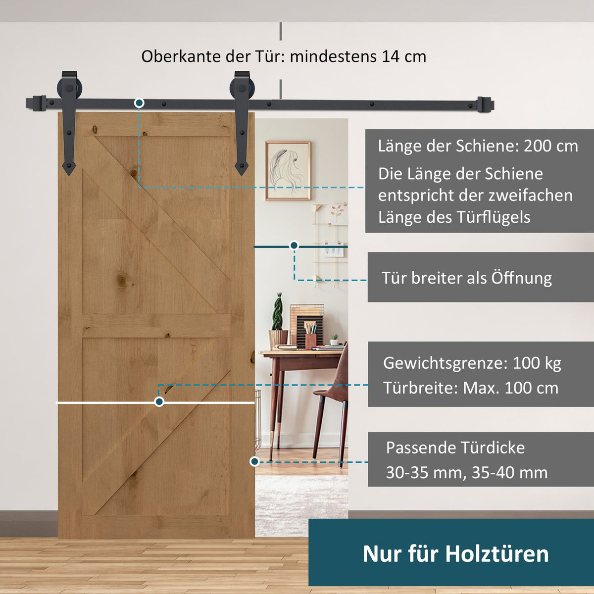 Sliding door fittings set 200 cm complete set with rails, rollers, anti-jump devices, door stop, floor guide, sliding door system made of carbon steel brown