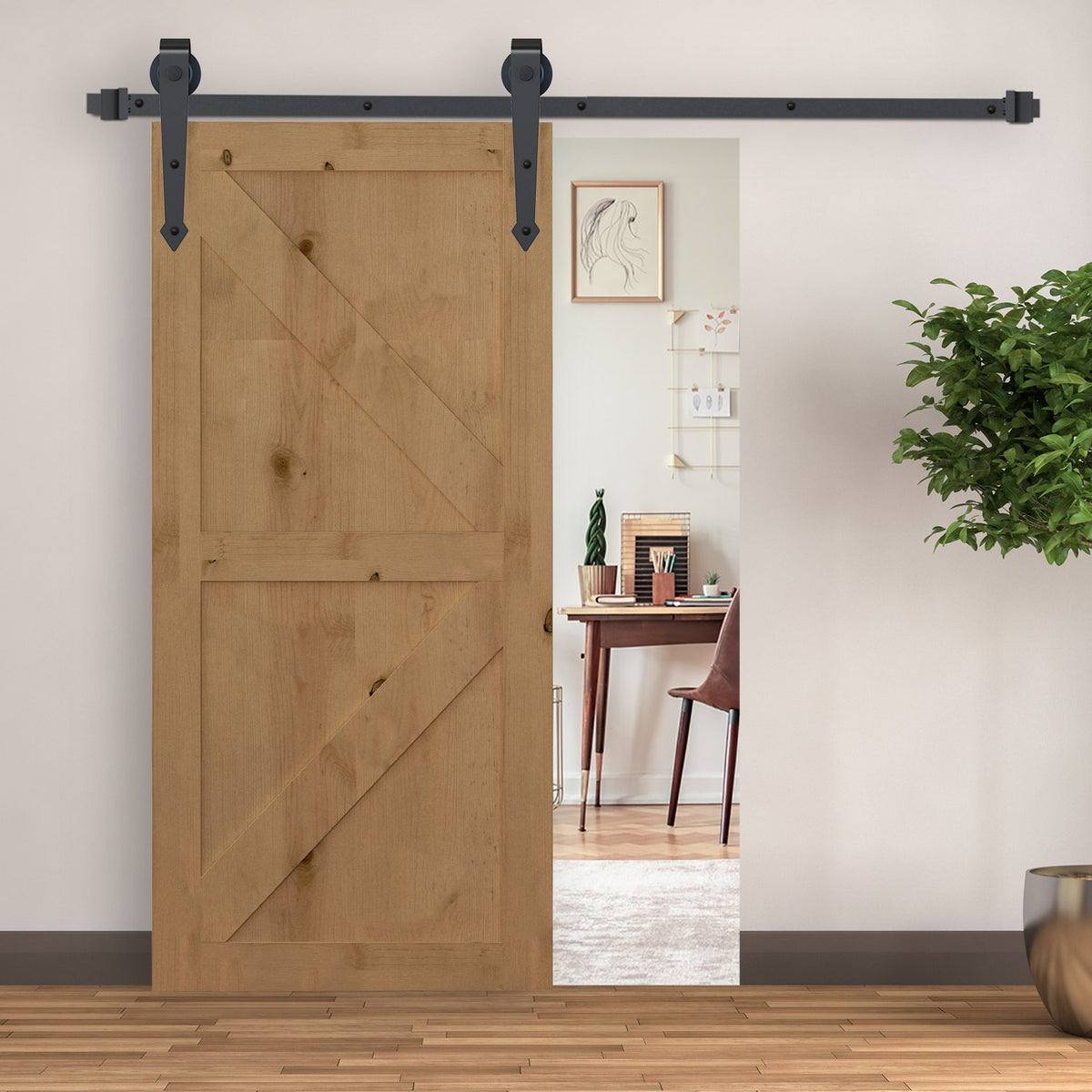 Sliding door fittings set 200 cm complete set with rails, rollers, anti-jump devices, door stop, floor guide, sliding door system made of carbon steel brown