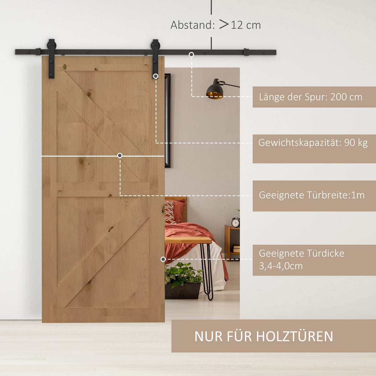 Sliding door fittings set 200 cm complete set with rails, rollers, rail stopper, floor block, set of door screws, sliding door system made of carbon steel black