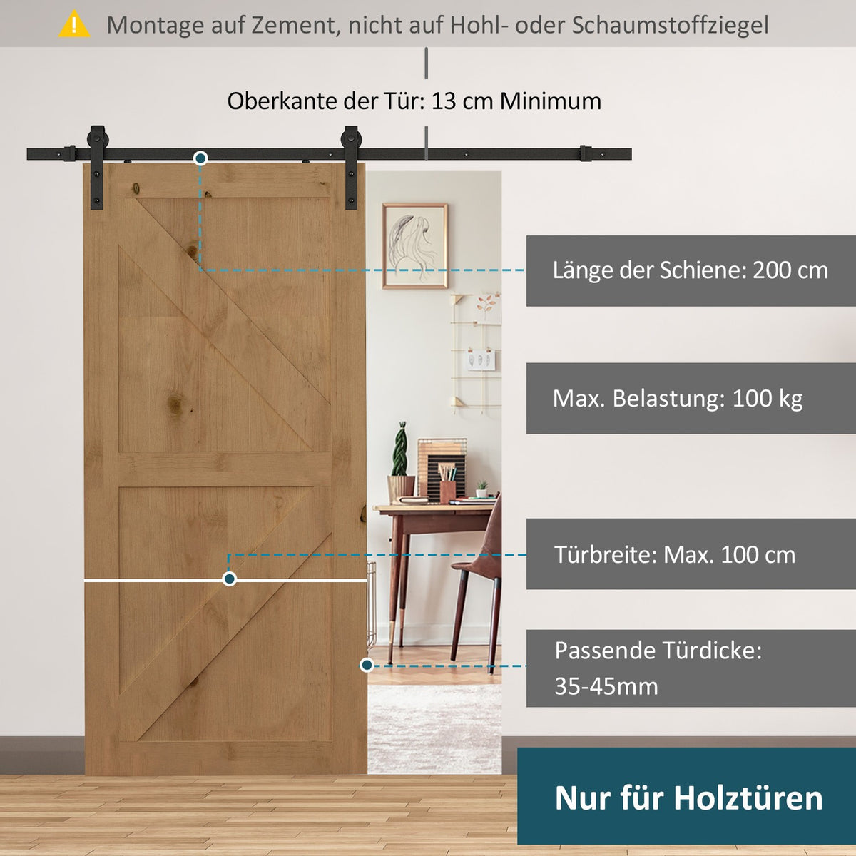 Sliding door fittings set 200 cm complete set with rails, rollers, rail stoppers, set of door screws, sliding door system made of carbon steel black