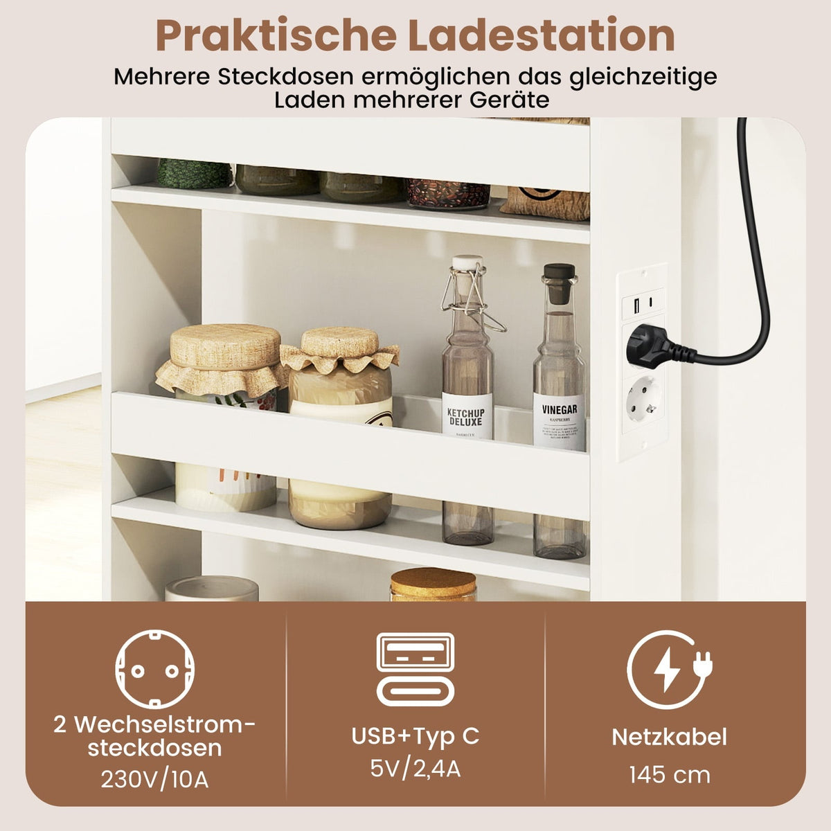 Slim 13cm Rolling Storage Cart with Charging Station