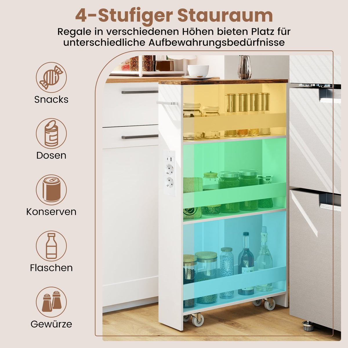Slim 13cm Rolling Storage Cart with Charging Station