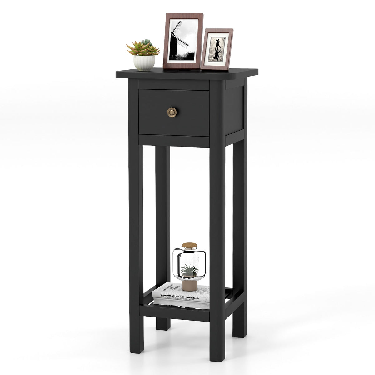 Slim 2-Tier Nightstand With Drawer and Shelf, Black