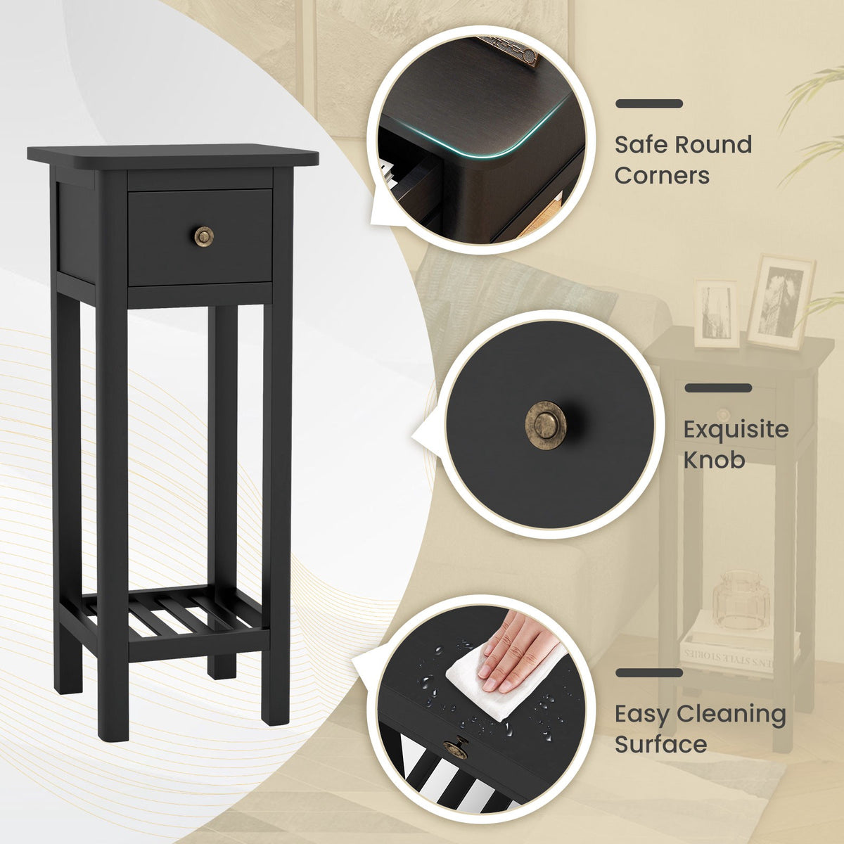 Slim 2-Tier Nightstand With Drawer and Shelf, Black